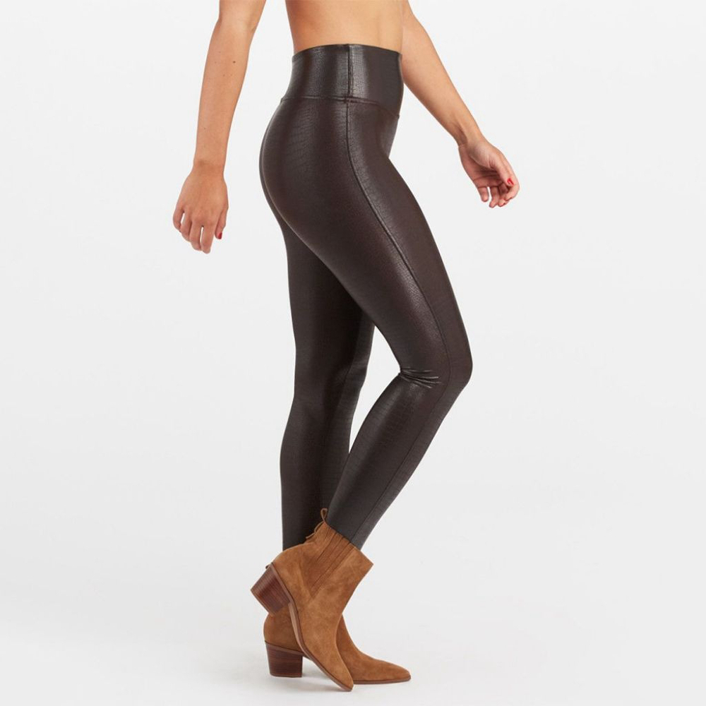 SPANX Faux Leather Croc Shine Leggings dark brown texture shaping women's medium
